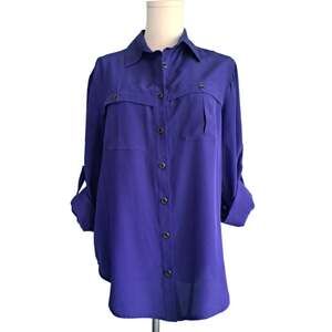 Yumi Kim Purple Silk Top Roll Tab Long Sleeve Button Down Blouse Medium